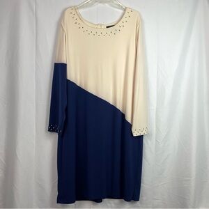 Ashley Stewart Cream and Blue Long Sleeve Dress